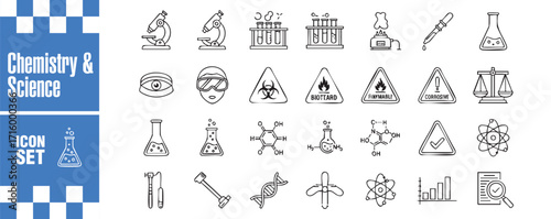 Chemistry and science icon set collection of linear vector illustrations depicting laboratory equipment, chemical formulas, and safety signs for scientific research