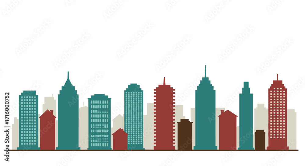 Obraz premium Modern flat cityscape with colorful buildings and minimalist design