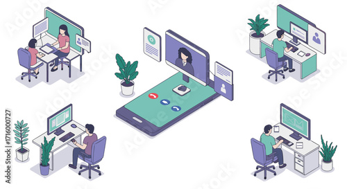 Technology and remote work: isometric office scenes and virtual meetings