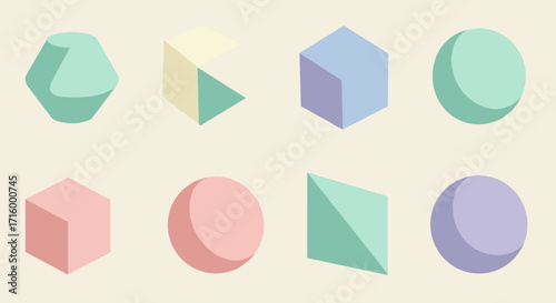 Pastel geometric shapes floating in minimalist design