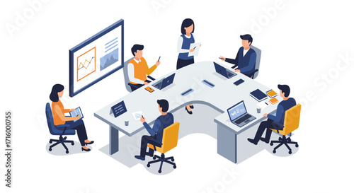 Isometric office meeting scene with professionals collaborating at a modern conference table