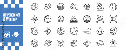 Astronomical and weather icon set collection of vector symbols representing various weather conditions and celestial objects, perfect for graphics