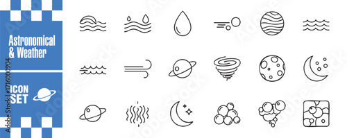 Astronomical and weather icon set collection of vector symbols representing various weather conditions and celestial objects, perfect for design