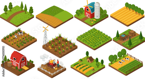 Isometric farm and agriculture elements with barn, fields, and livestock