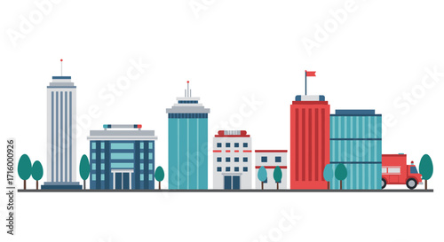 Minimalist urban skyline with colorful buildings and trees