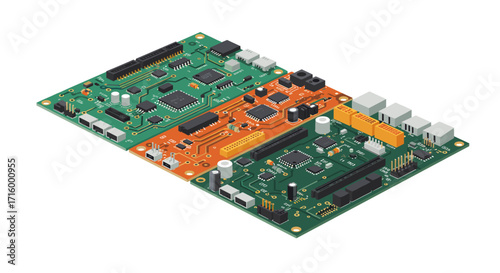 Isometric circuit boards with microchips and connectors on green and orange panels
