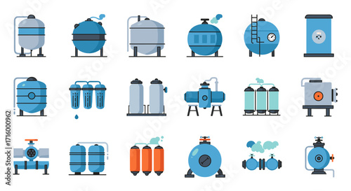 Industrial tanks and equipment set for water treatment and storage in flat design
