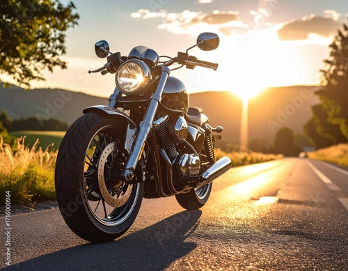 Black Motorcycle Parked on Asphalt Road at Sunset with Trees and Hills
