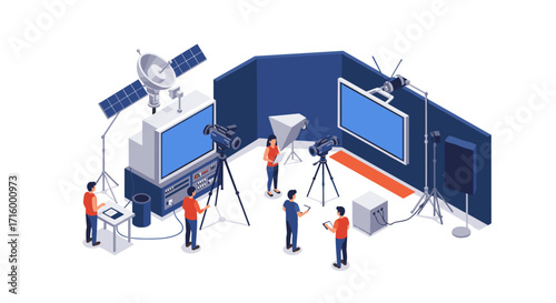 Isometric film studio set with crew, cameras, and equipment