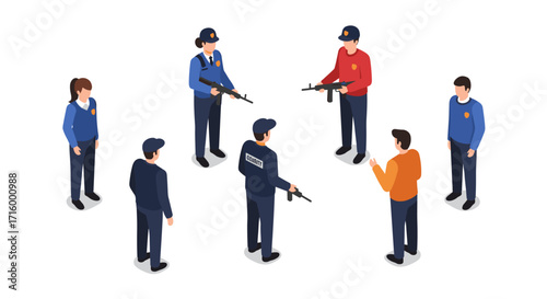 Isometric scene of police officers engaging with civilian in uniformed interaction