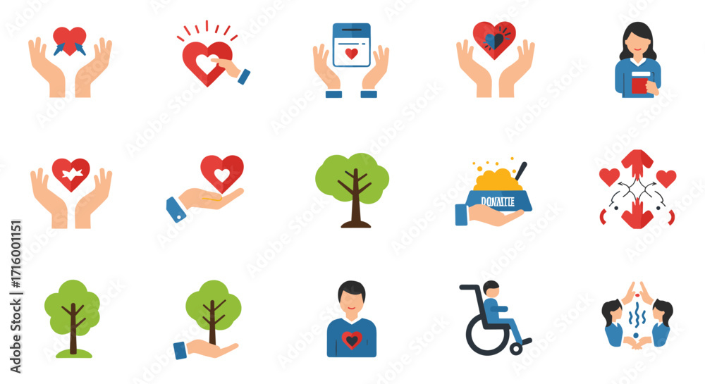 Fototapeta premium Heartfelt icons for charity and support with trees and hands in flat style