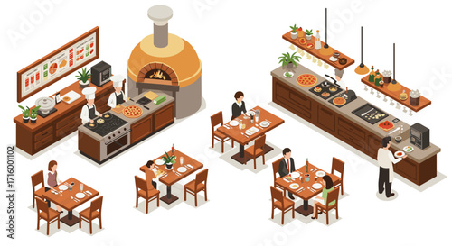 Isometric pizza restaurant scene with chefs and diners in a cozy italian pizzeria