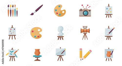 Artistic tools and creative equipment set in flat style for artists and designers