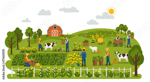 Flat design of a vibrant farm scene with farmers and animals in lush fields