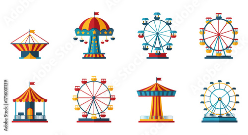 Colorful amusement park ferris wheels and carousels collection in flat design