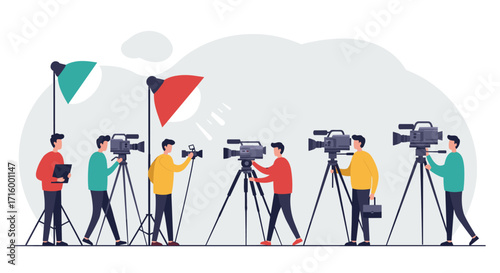 Media crew filming with cameras and lighting equipment in colorful flat design