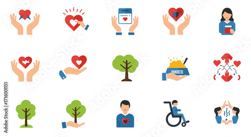 Heartfelt icons for charity and support with trees and hands in flat style