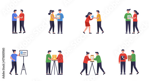 Collaborative teamwork scenes: office characters sharing ideas and presentations