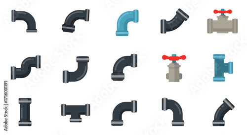 Colorful plumbing pipes and valves set in flat style