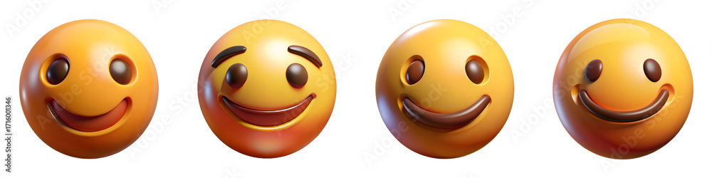Fototapeta premium Four smiling yellow emoji faces isolated on transparent background shown