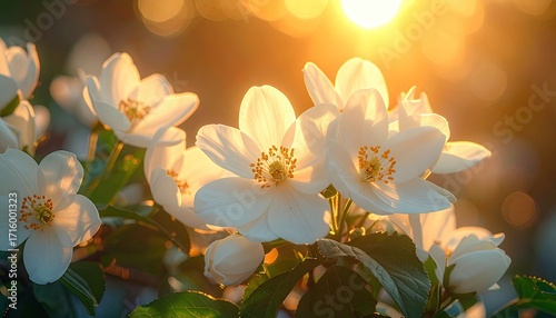 Blooming White Flowers Against Golden Bokeh Light at Sunset Macro Shot