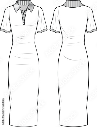 Collared knit bodycon dress Fashion Illustration, Vector, CAD, Technical Drawing, Flat Drawing, Template, Mockup.