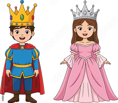 Cartoon prince and princess, royal children, fantasy illustration, elegant costumes, crowns, fairy tale theme, cheerful characters, kids in royal attire