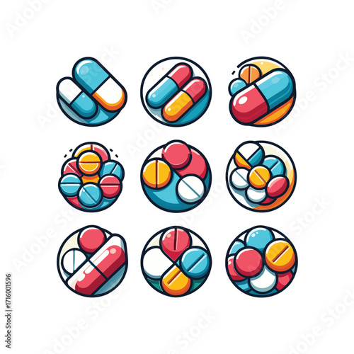 Colorful pill illustrations in various arrangements