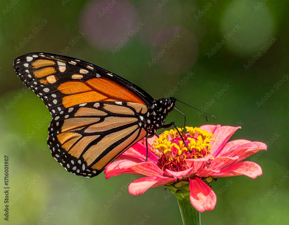Naklejka premium Monarch butterfly on a zinnia flower