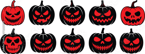 Halloween pumpkins, jack-o’-lantern faces, spooky expressions, scary pumpkin illustration, black and red design, horror art, festive vector icons, decoration
