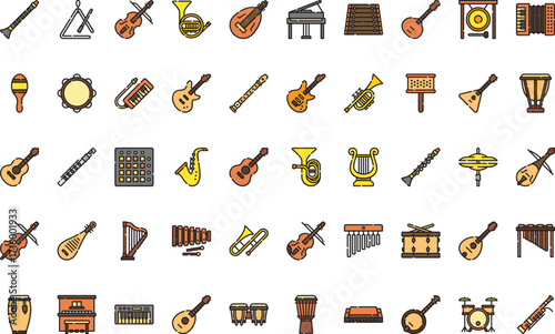 Musical instruments- Icons Modern Illustration Symbol Design Template for Web and Mobile UI. Editable Stroke Pictogram for Business Projects and Apps.