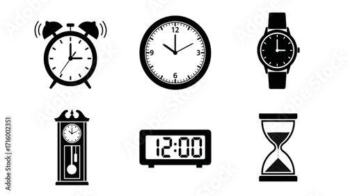 Black Silhouette Clock Icon Set – Minimal Timepiece Symbols Collection