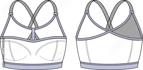 Activewear sports bra flat sketch with cross back straps and underbust band, technical fashion illustration CAD template, front and back view.