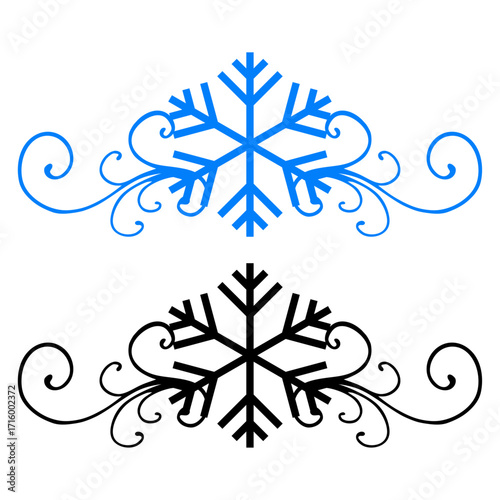 Logo con silueta de copo de nieve con filigrana caligráfica. Silueta con florituras para tarjetas y felicitaciones de Navidad 