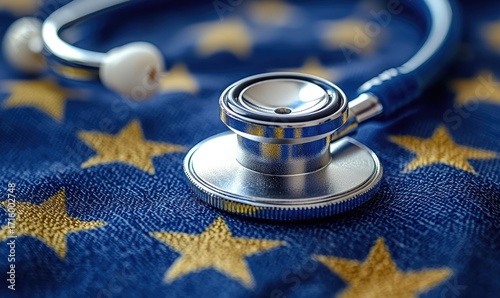 Close-up of a stethoscope on a European Union flag