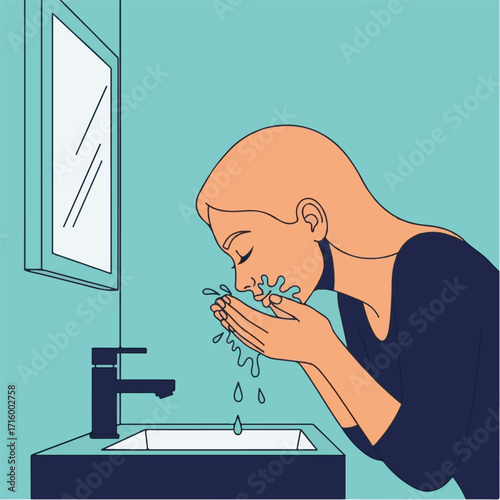 Illustrated Woman Washing Face with Water in Bathroom Sink
