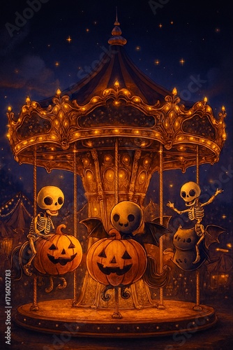 Spooky Halloween Carousel with Pumpkins, Bats, and Skeleton Riders – Fantasy Illustration