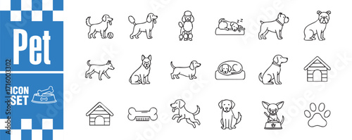 Dog breed icon set featuring a variety of popular breeds in simple line art style, including poodle, dachshund, german shepherd, and more
