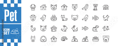 Pet icon set featuring a variety of animals and their accessories, including dogs, cats, birds, fish, rabbits, and more in a simple line art style