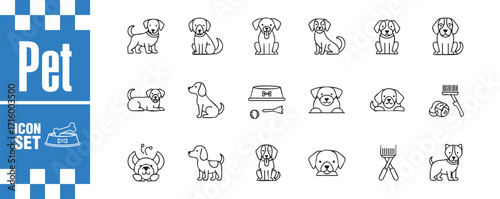 Pet icon set vector illustration collection of dog icons, including dog food, grooming tools, and different dog breeds in outline style
