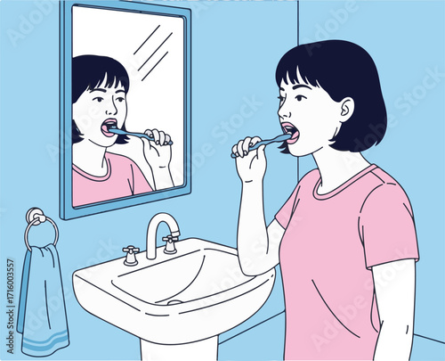 Young Woman Brushing Teeth in Bathroom Reflecting in Mirror