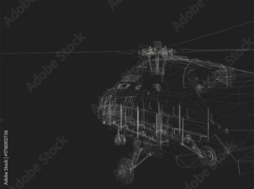 Military helicopter 3D model in wireframe view on black background, showcasing detailed rotor blades and fuselage structure.
