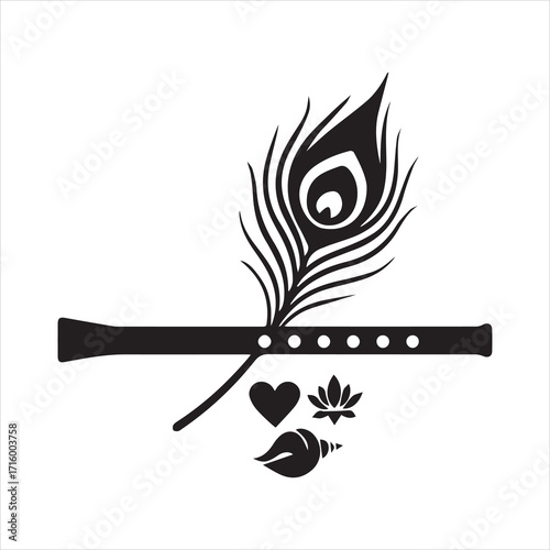 flute and peacock feather silhouette vector art illustration on white background
