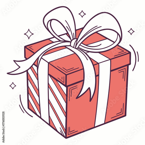 A festive coral gift box with a white ribbon and bow adorned with sparkling stars and celebratory motion lines