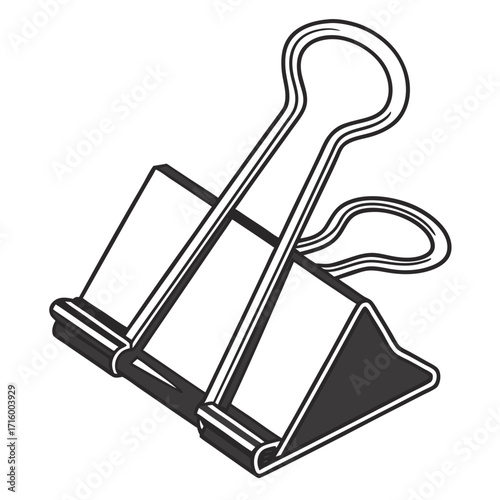 A simple black and white illustration of a binder clip holding papers together on a white background