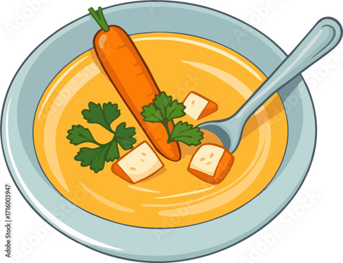 Cartoon Vector of Carrot Soup Bowl with Whole Carrot, Parsley, Croutons, and Spoon