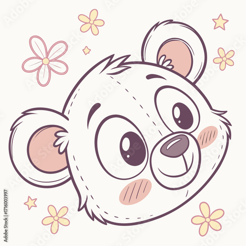 Adorable cartoon teddy bear face with blush cheeks and cute flowers in pastel colors