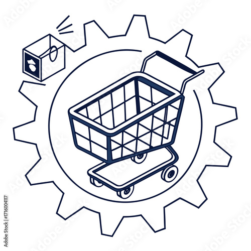 Conceptual illustration of a shopping cart and a box within a gear representing e commerce logistics and supply chain management