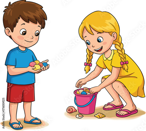 Children collecting seashells on beach, summer fun activity, colorful shells, playful kids, seaside exploration, nature learning, vacation moment, sunny day joy