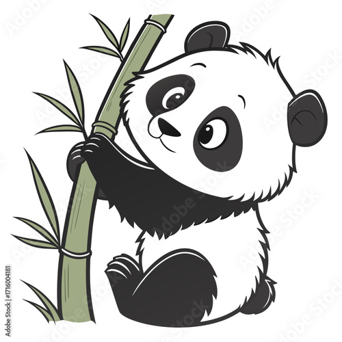 Cute cartoon panda bear climbing a bamboo stalk with green leaves isolated on white background